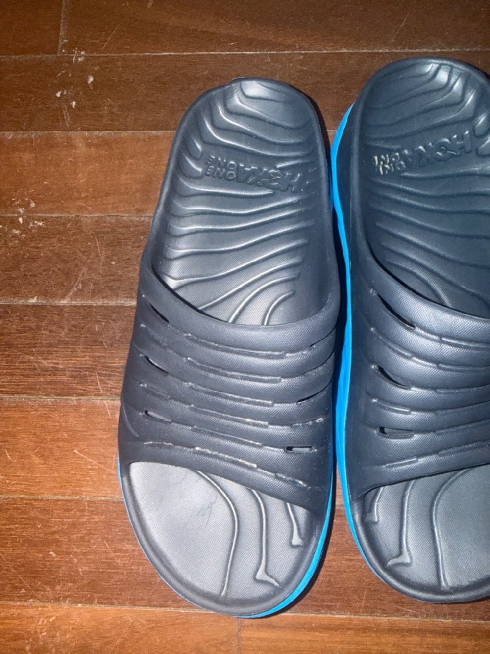 Hoka Men's Black Slide Sandals with Blue Midsoles - Picture 4 of 10